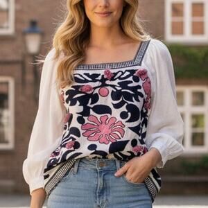 Anthropologie White Blouse with Navy and Pink Floral Embroidery